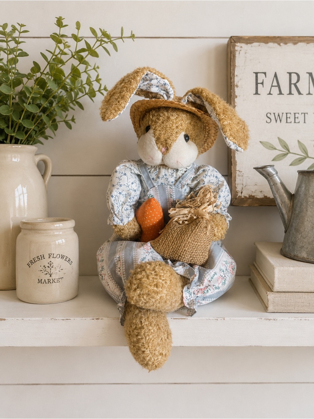 Handcrafted Plush Bunny Shelf Sitter in Tan and Blue